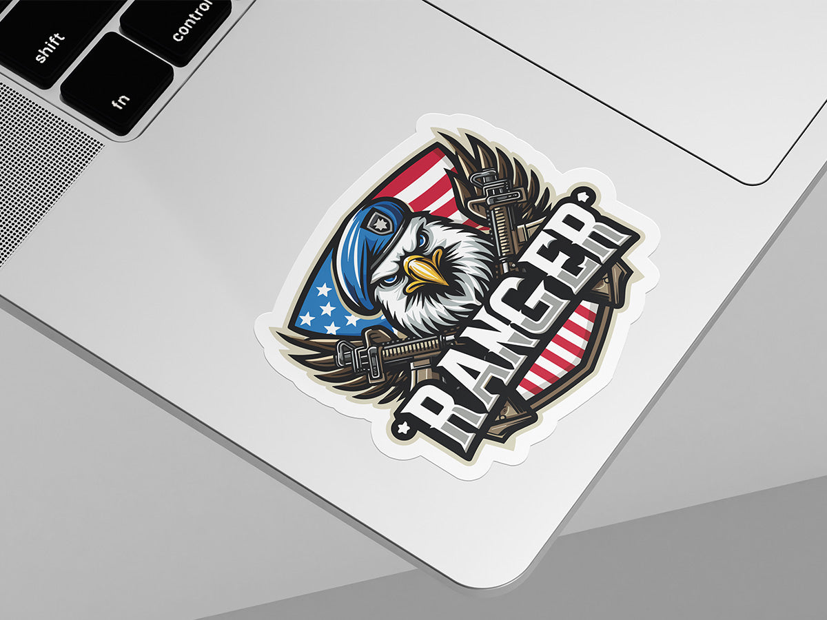 Ranger Bald Eagle with Military Gear and American Flag Sticker - High Quality Vinyl