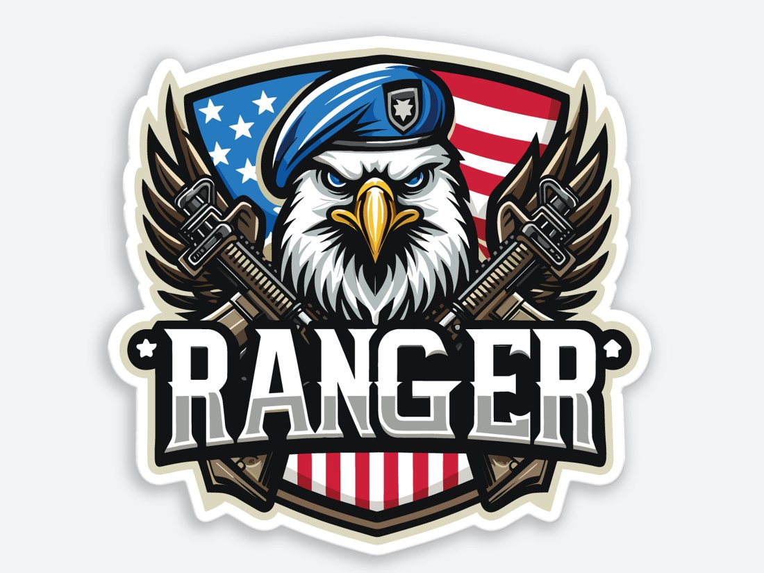 Ranger Bald Eagle with Military Gear and American Flag Sticker - High Quality Vinyl