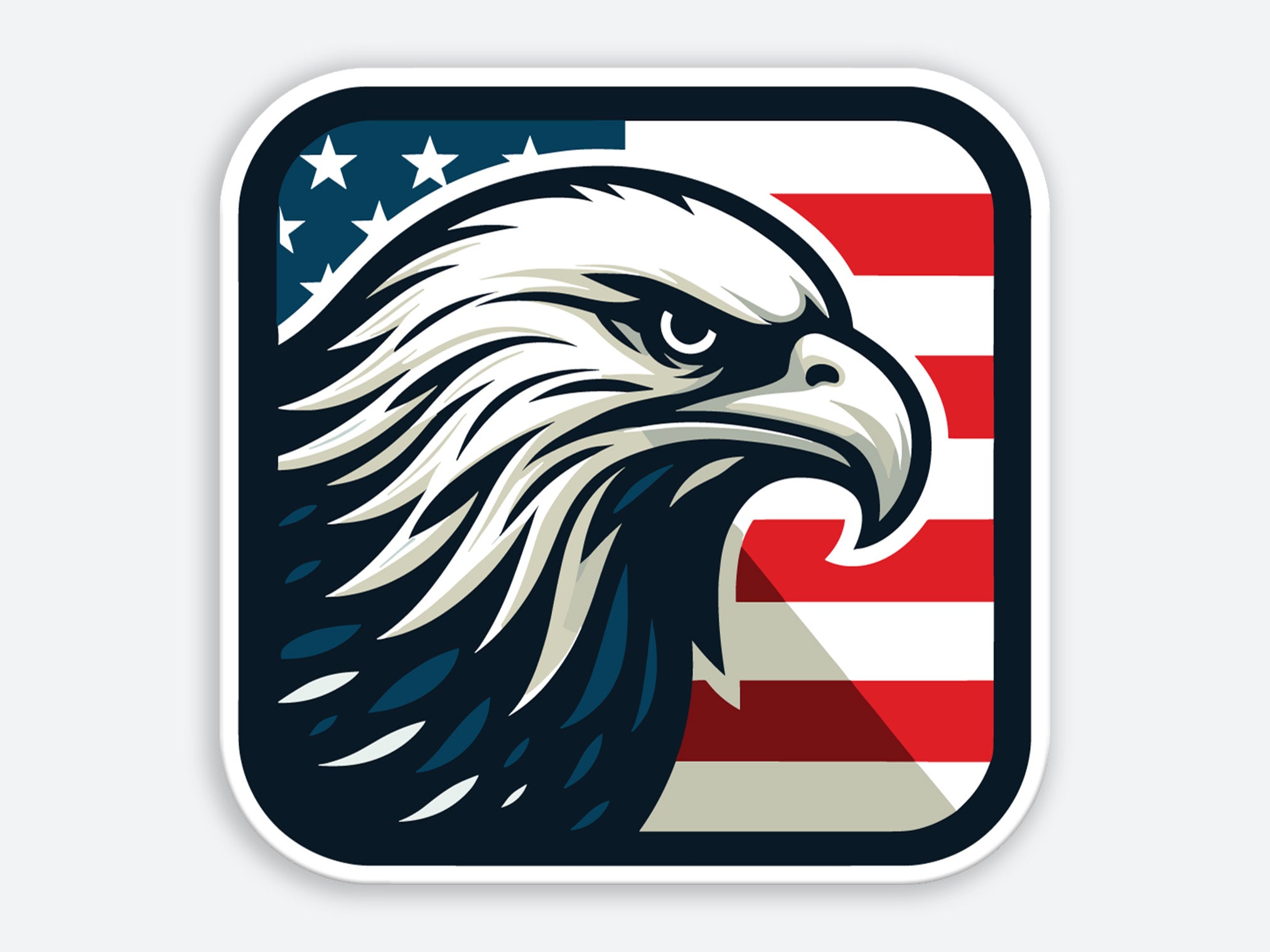 Bold Bald Eagle with American Flag Background Sticker - High Quality Vinyl