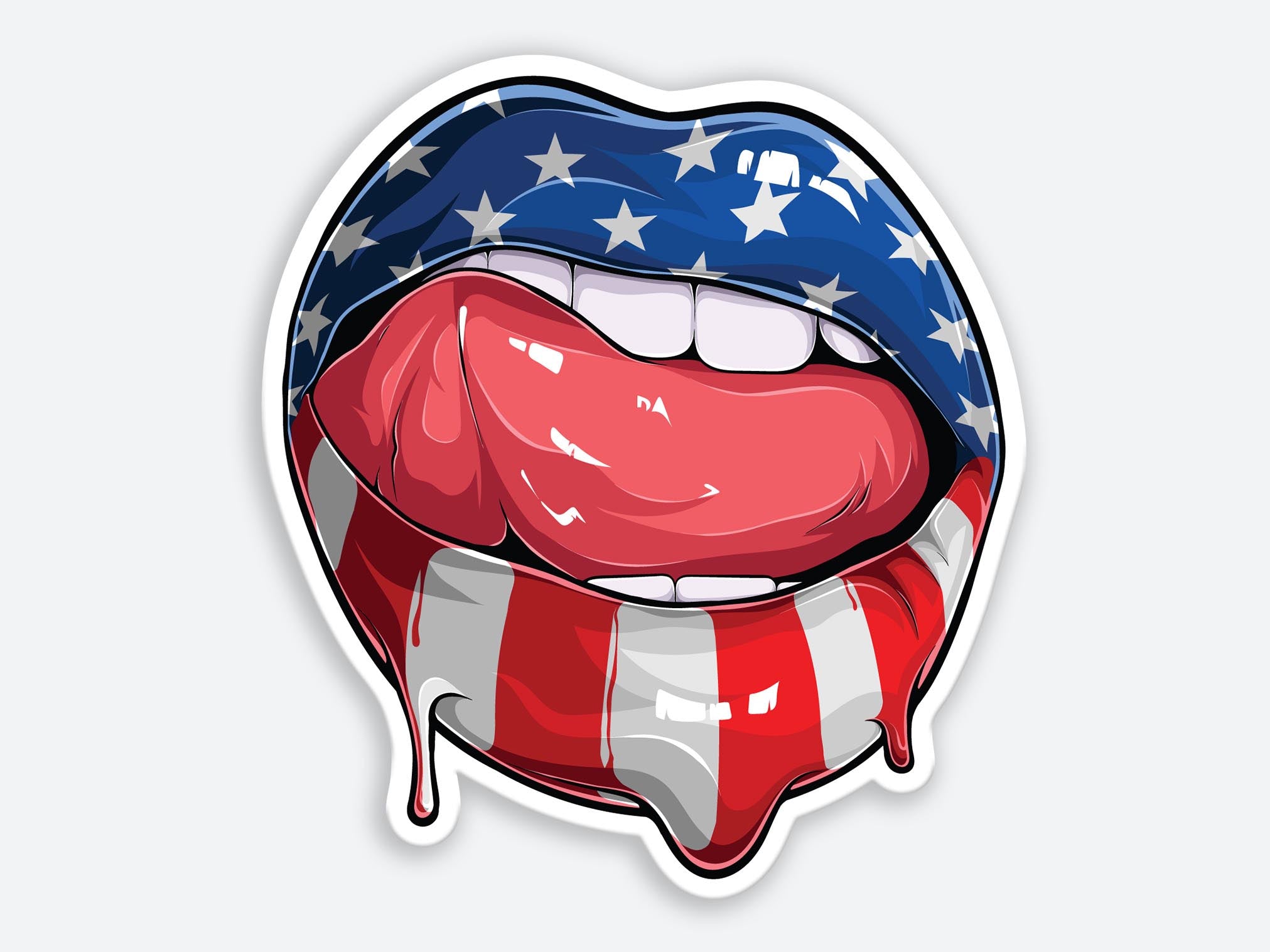 Bold lips sticker with American flag design and dripping detail.