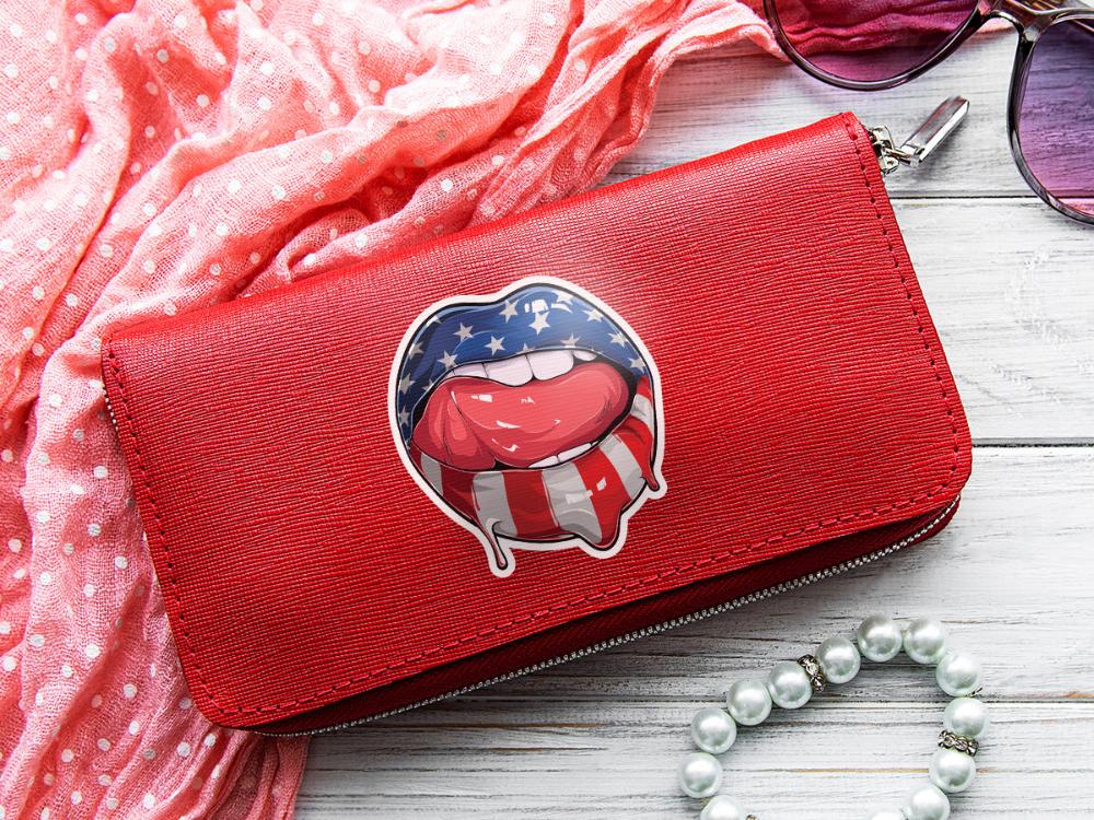 Bold lips sticker with American flag design and dripping detail.