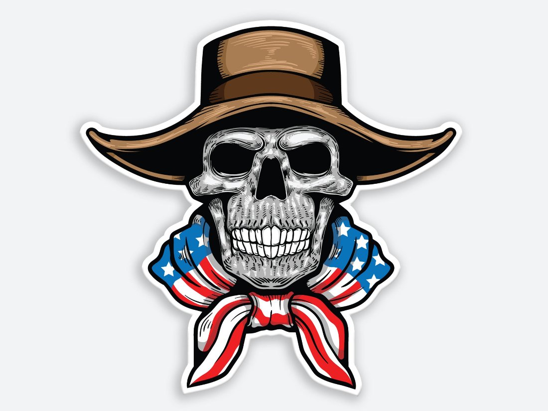 Patriotic skull sticker featuring a cowboy hat and American flag bandana, perfect for fans of Western and patriotic designs.