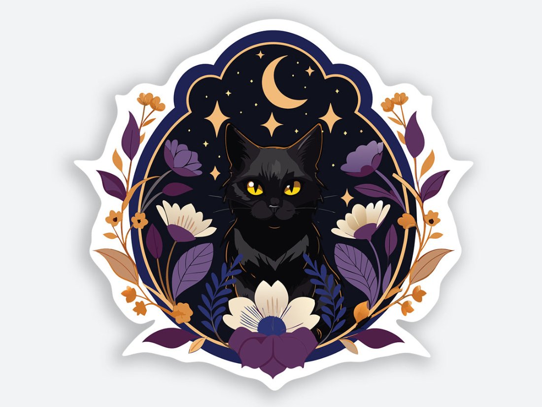 Black cat with yellow eyes surrounded by flowers and a crescent moon, high-quality sticker.