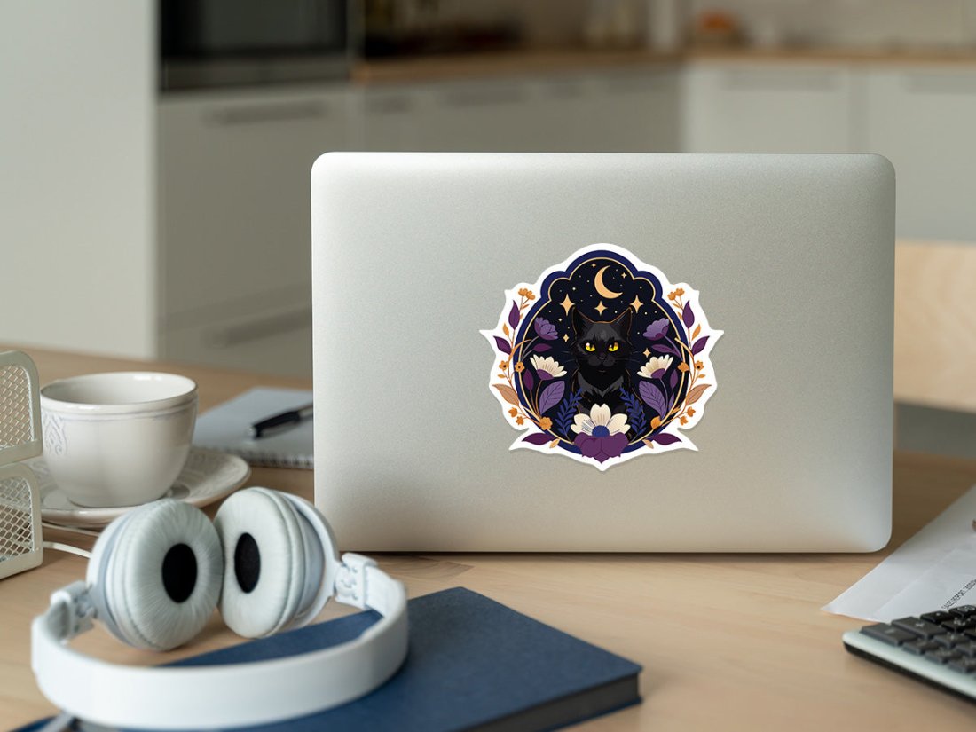 Black cat with yellow eyes surrounded by flowers and a crescent moon, high-quality sticker.