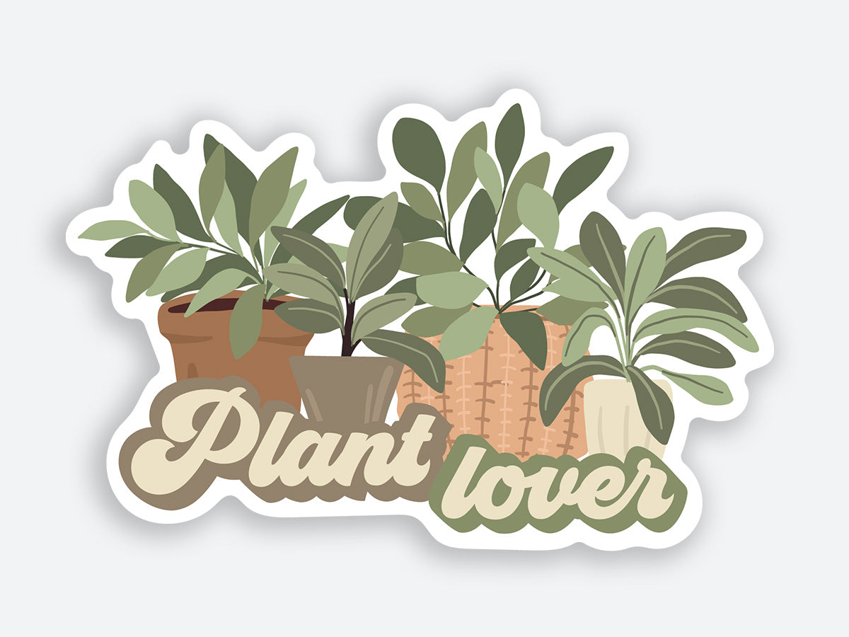 High-quality “Plant Lover” sticker featuring vibrant green potted plants, perfect for indoor gardening enthusiasts.