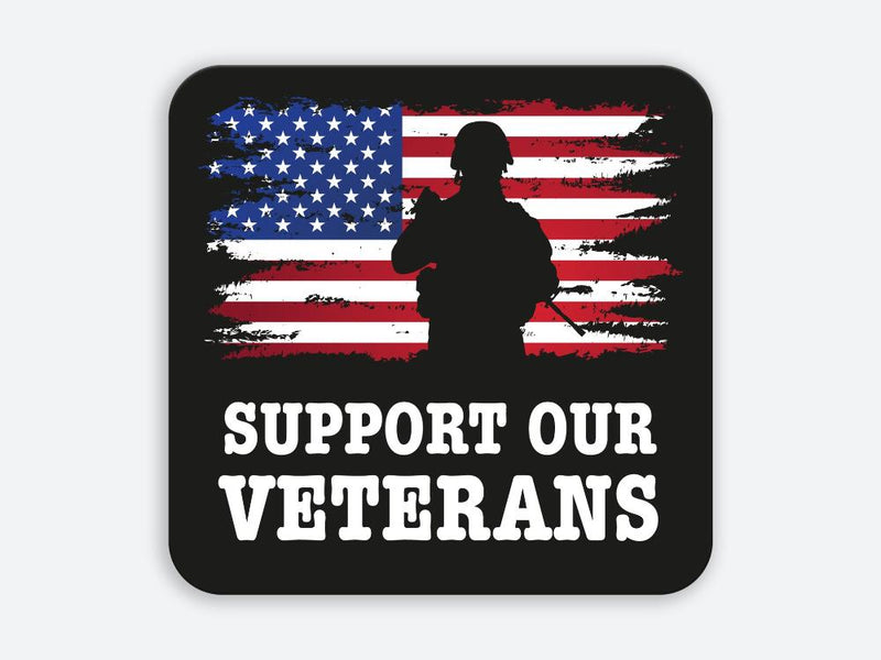 High-quality “Support Our Veterans” sticker featuring a silhouette of a soldier in front of a distressed American flag background.