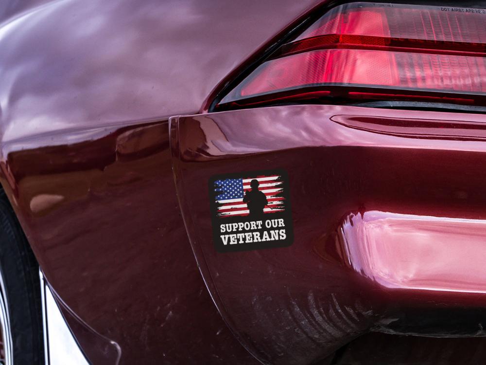 High-quality “Support Our Veterans” sticker featuring a silhouette of a soldier in front of a distressed American flag background.