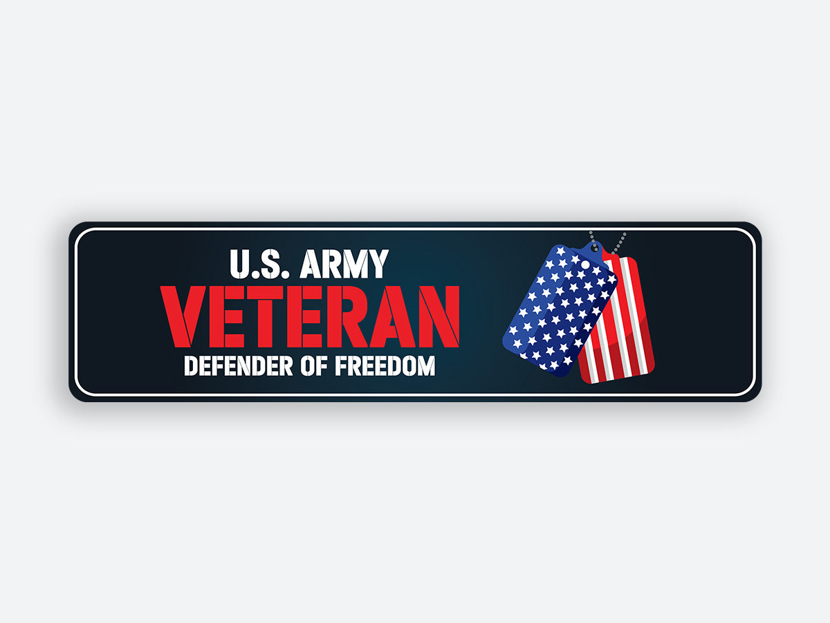 High-quality “U.S. Army Veteran - Defender of Freedom” sticker featuring patriotic dog tags with American flag design.