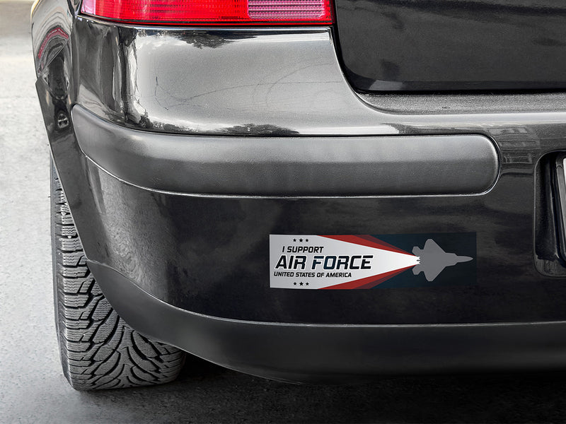 High-quality “I Support Air Force” sticker featuring a jet silhouette with red and white streaks, symbolizing speed and strength.