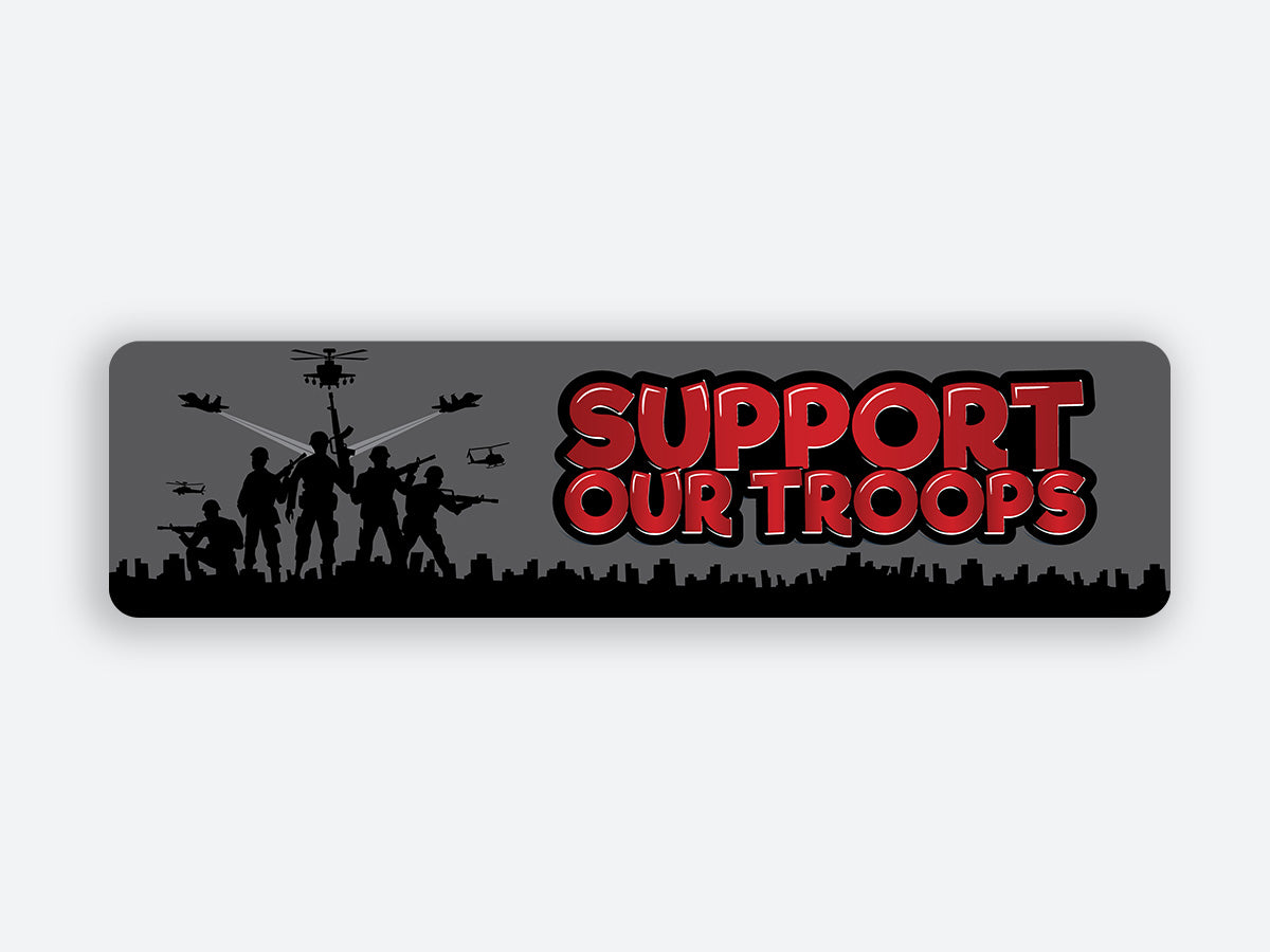 High-quality “Support Our Troops” sticker featuring silhouettes of soldiers with helicopters and jets above, and bold red text.