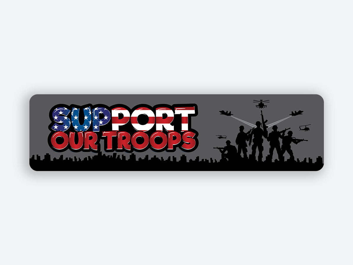 High-quality “Support Our Troops” sticker with American flag-themed lettering and soldier silhouettes, featuring military helicopters and jets.