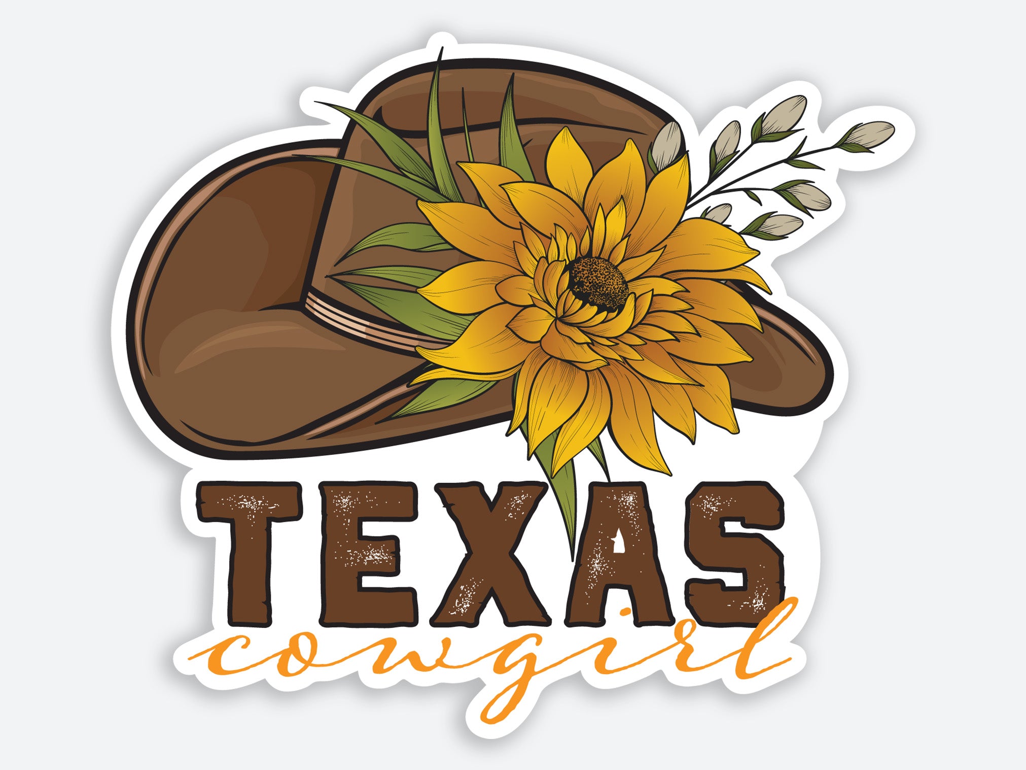 High-quality sticker featuring a brown cowboy hat adorned with a large yellow sunflower, with the text “Texas Cowgirl” in rustic lettering.