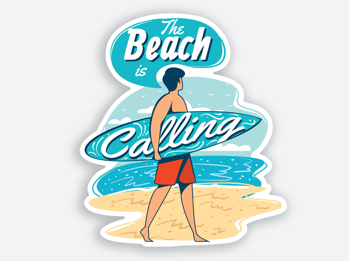 Illustration of a person on a beach holding a surfboard with the words “The Beach is Calling”, high-quality sticker.