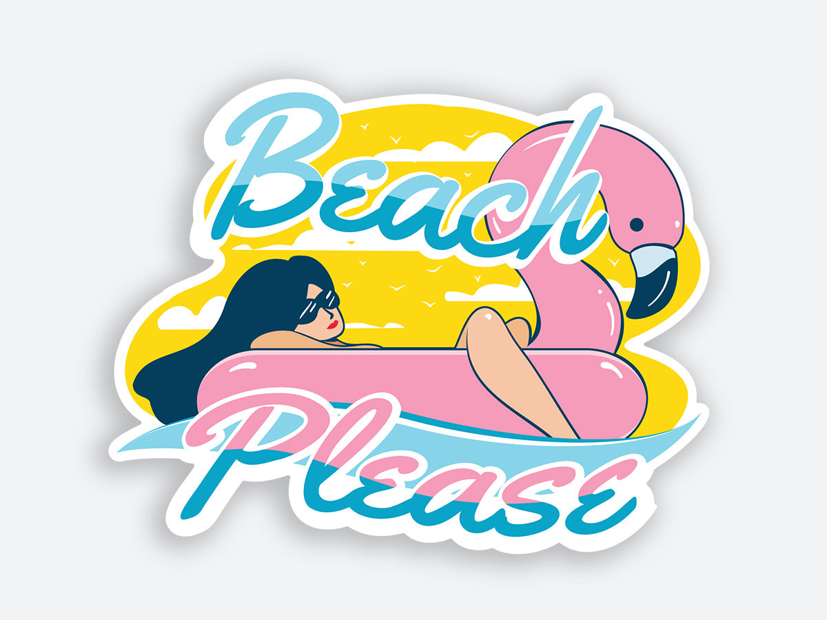 Stylized illustration of a woman lounging on a flamingo float with the words “Beach Please”, high-quality sticker.