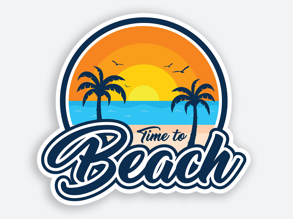 High-quality “Time to Beach” sticker featuring a vibrant sunset with palm trees and ocean waves.