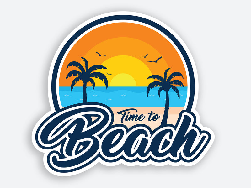 High-quality “Time to Beach” sticker featuring a vibrant sunset with palm trees and ocean waves.