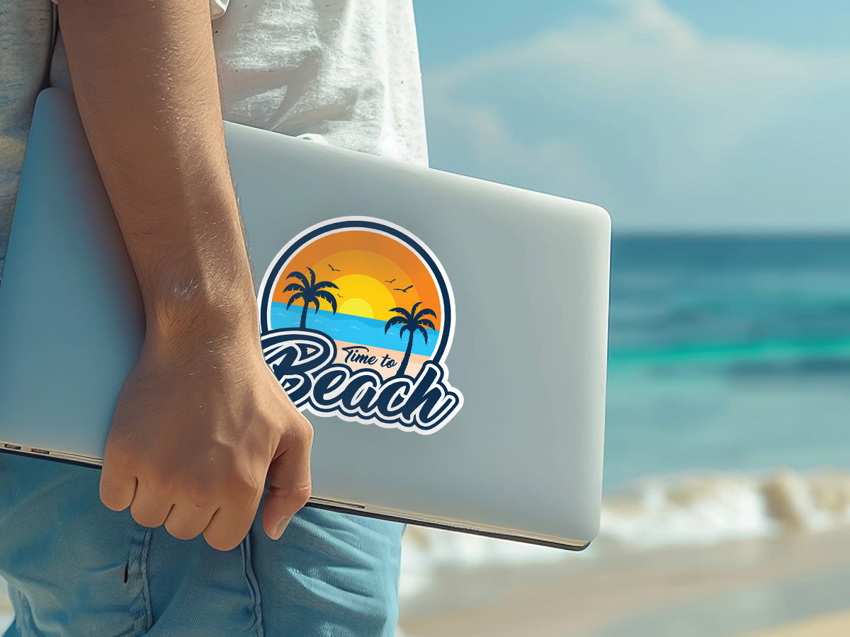 High-quality “Time to Beach” sticker featuring a vibrant sunset with palm trees and ocean waves.