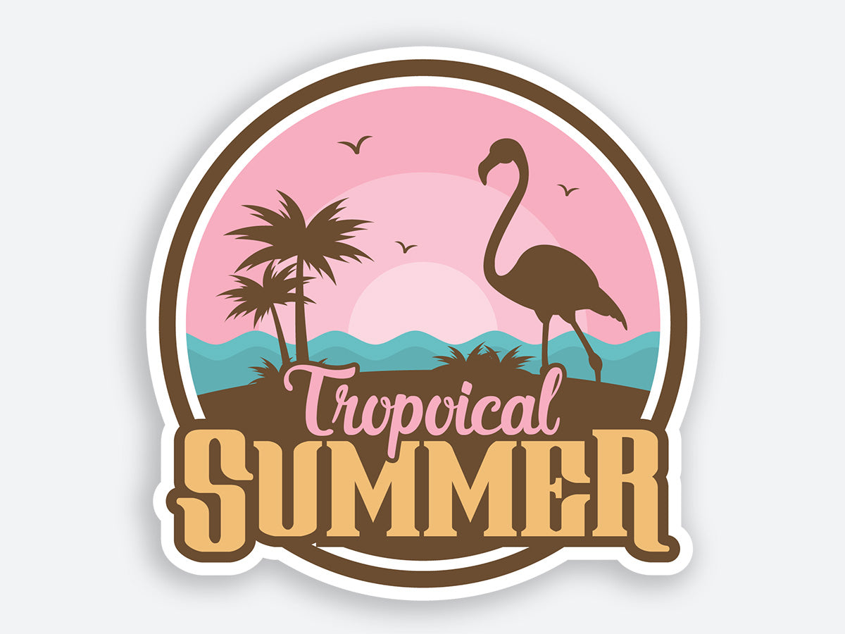 High-quality “Tropical Summer” sticker featuring a silhouette of a flamingo and palm trees against a pink sunset.