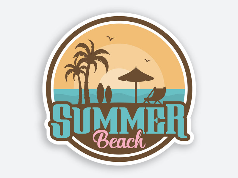 High-quality “Summer Beach” sticker featuring palm trees, beach chairs, and a serene sunset.