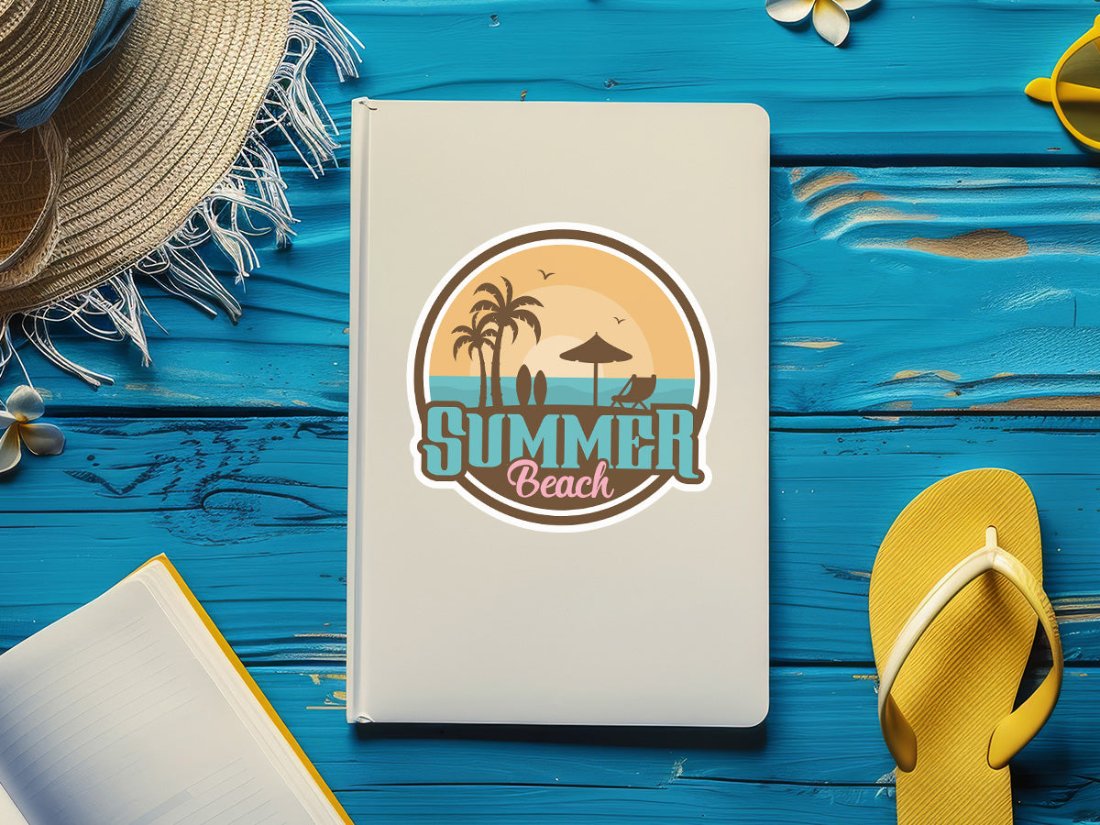 High-quality “Summer Beach” sticker featuring palm trees, beach chairs, and a serene sunset.