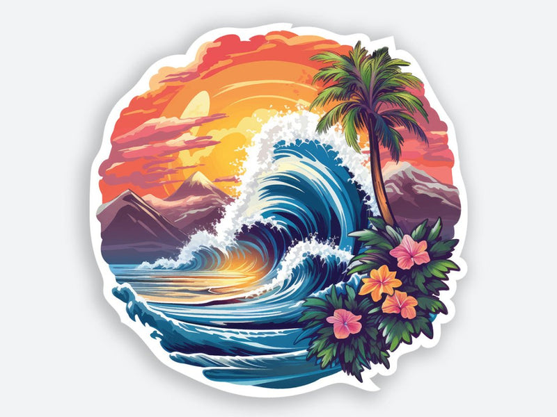 High-quality tropical beach sticker featuring a crashing wave, palm tree, vibrant flowers, and a stunning sunset.