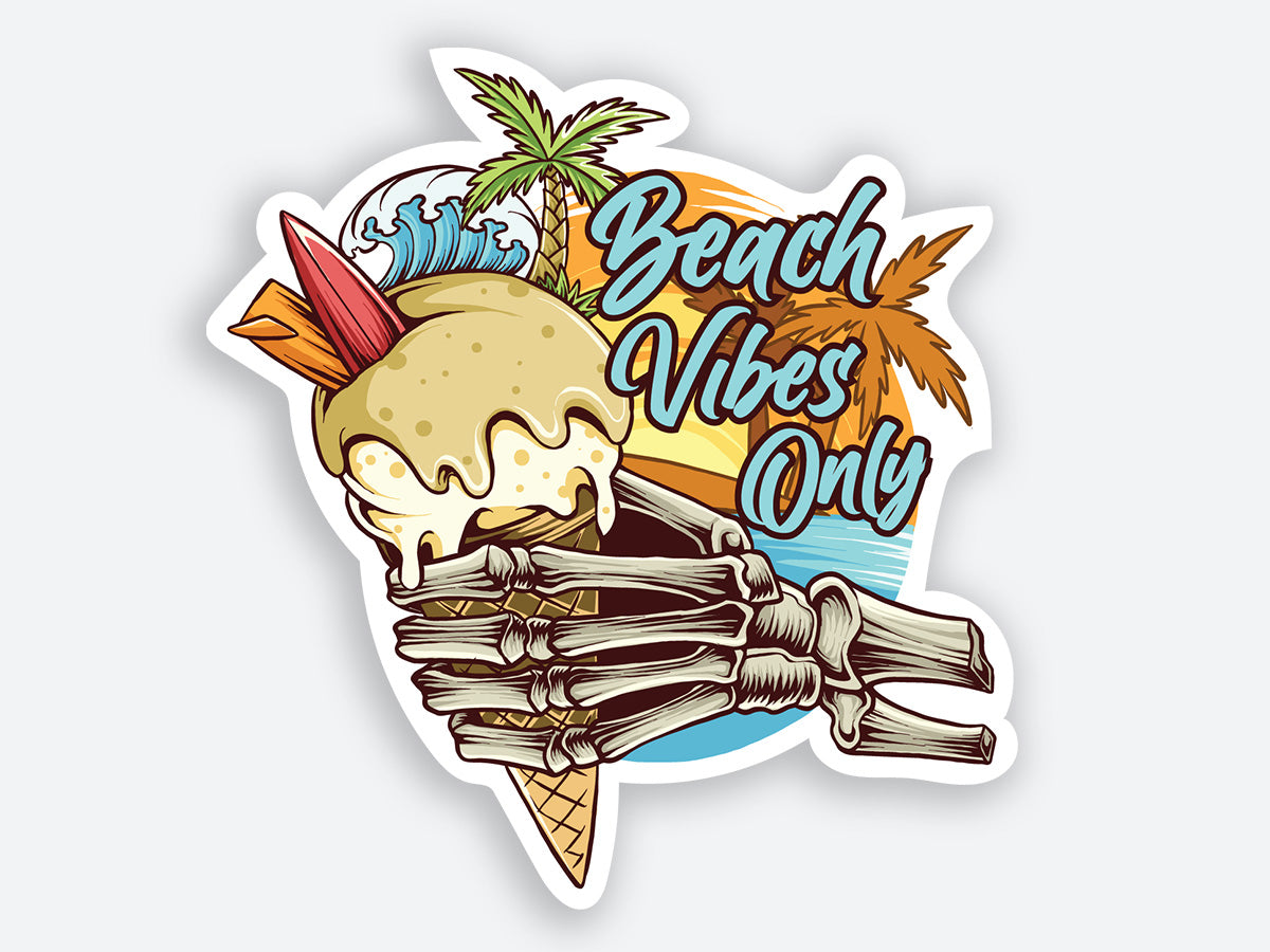 High-quality “Beach Vibes Only” sticker with a skeleton hand holding an ice cream cone in front of a tropical beach scene.