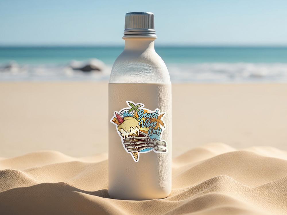 High-quality “Beach Vibes Only” sticker with a skeleton hand holding an ice cream cone in front of a tropical beach scene.